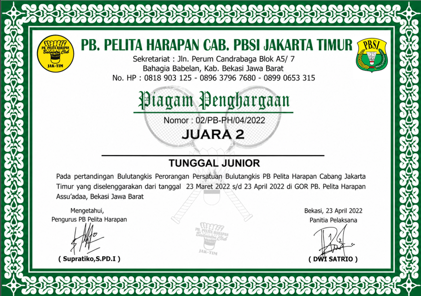 Penghargaan Juara 2 Badminton